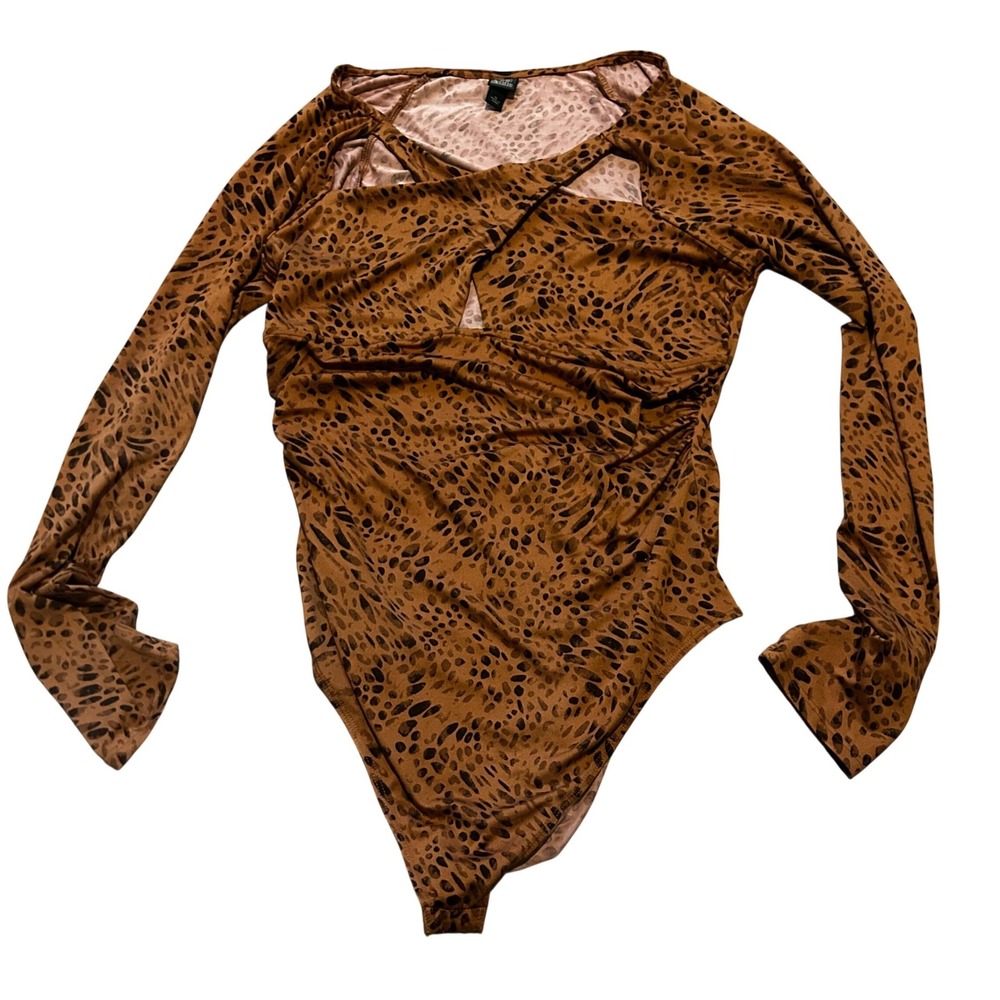 Wild Fable Women XL Leopard Print Long Sleeve Cutout Ruched Bodysuit Brown Black